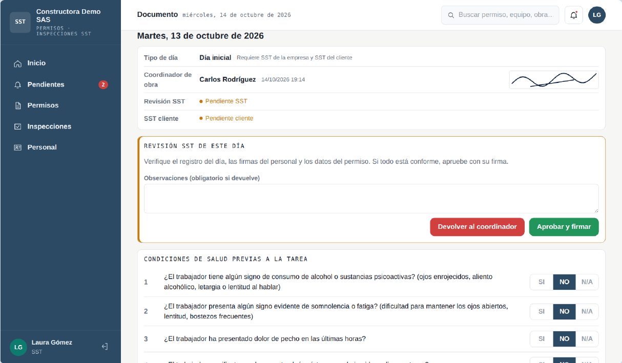 Pantalla de revisión SST con botones Devolver al coordinador y Aprobar y firmar