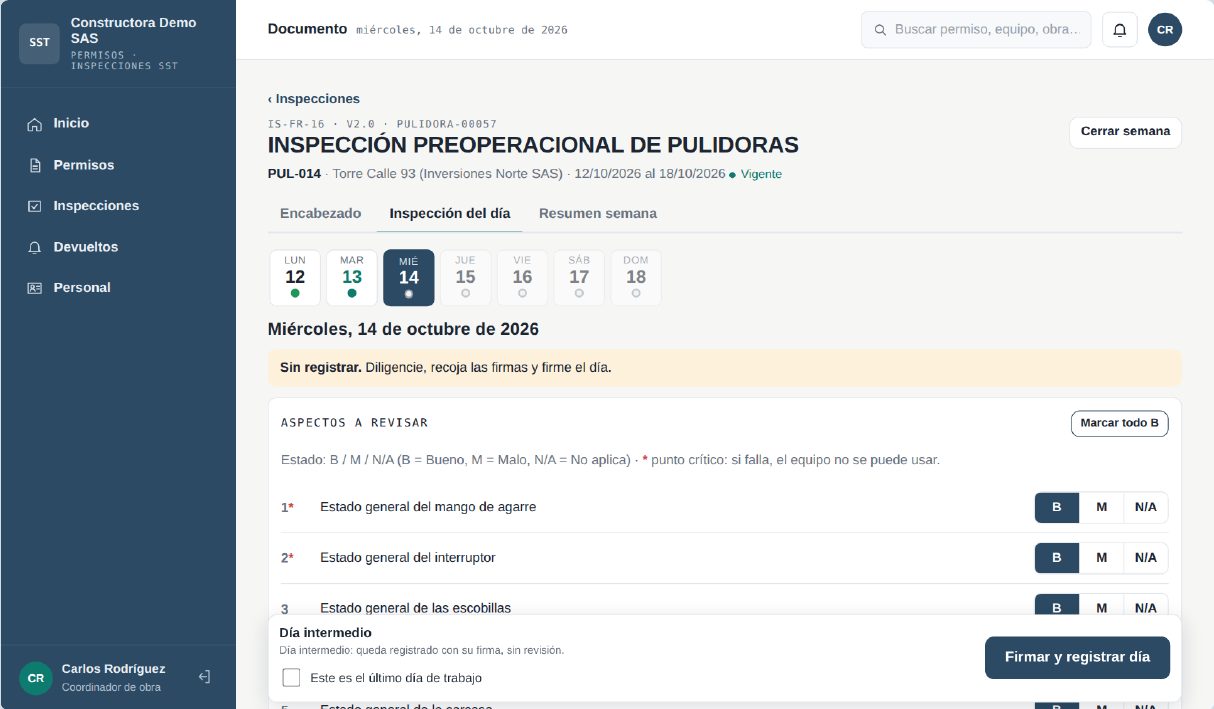 Inspección preoperacional de pulidoras con calificación diaria