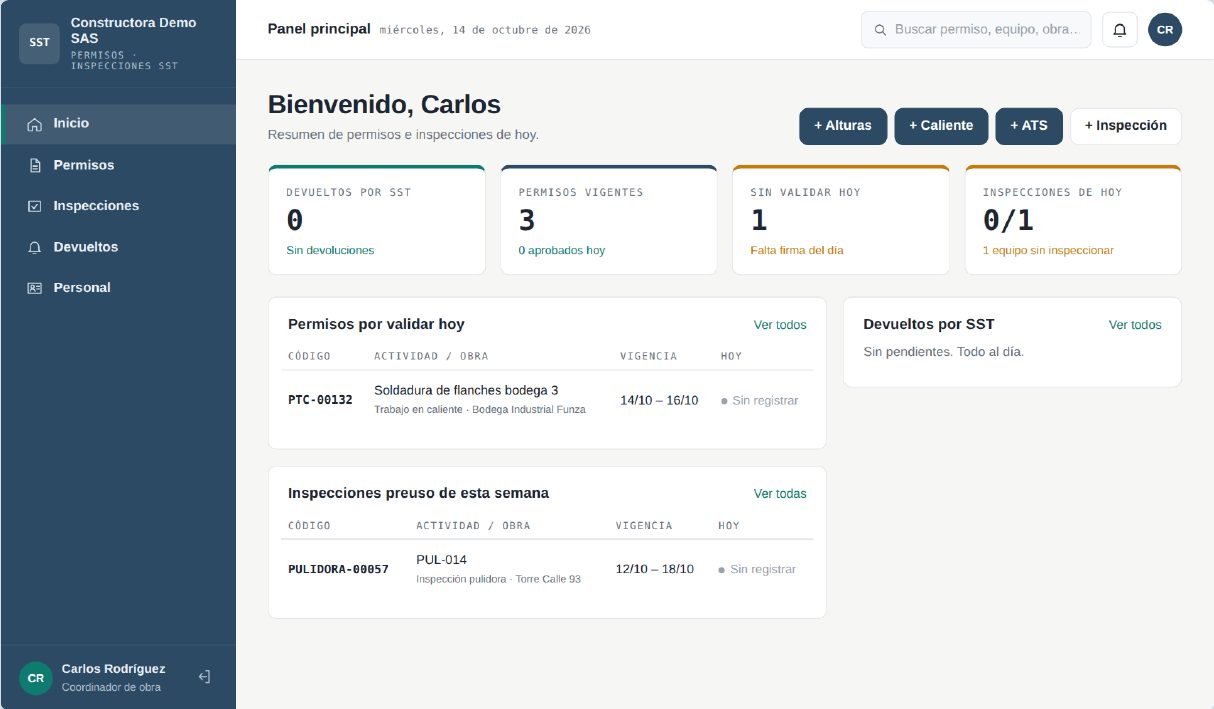 Permisos SST — panel principal del software