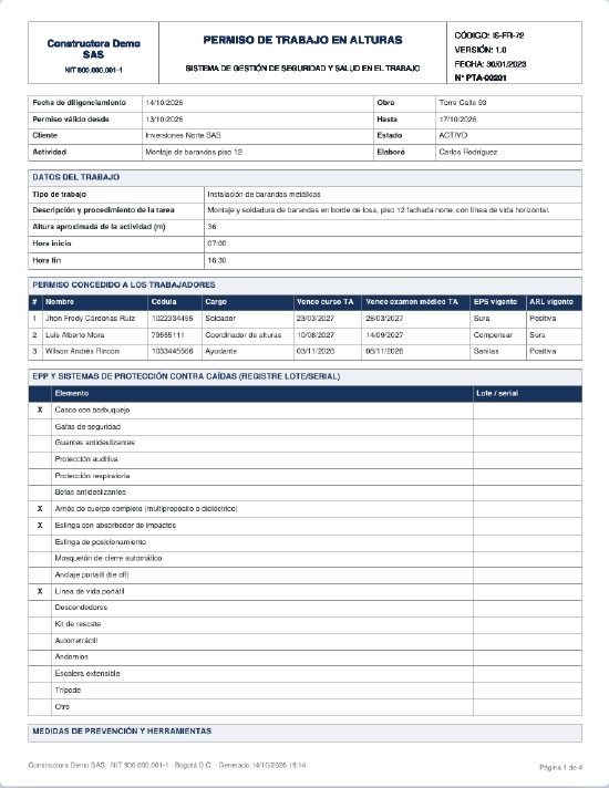 Permiso de trabajo en alturas descargado en PDF